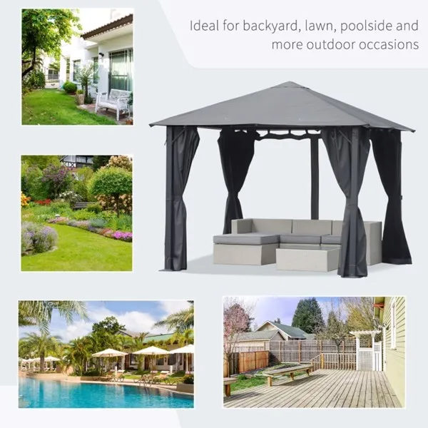 10ft x 10ft Patio Gazebo - Black & Grey Outdoor Canopy with Mesh Netting
