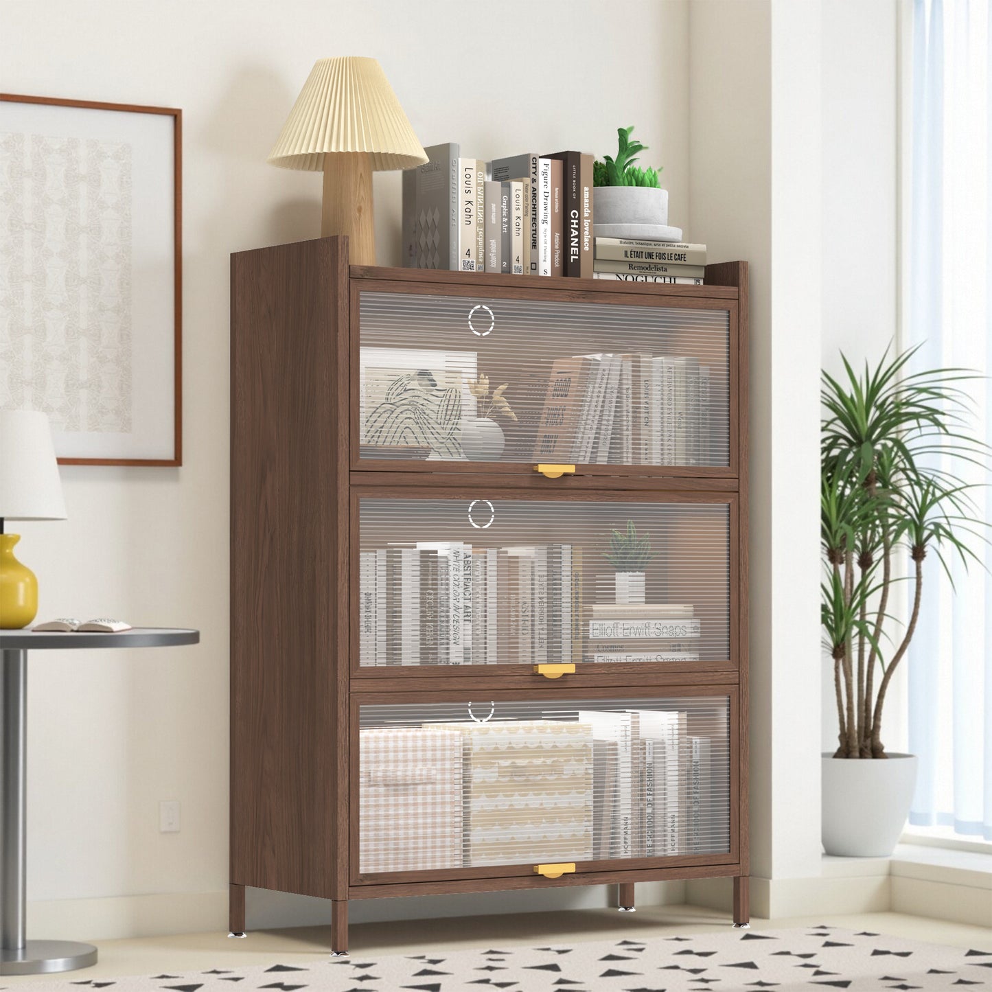 44'' Tall Metal Cabinet with 3 Flip Doors - Walnut Storage