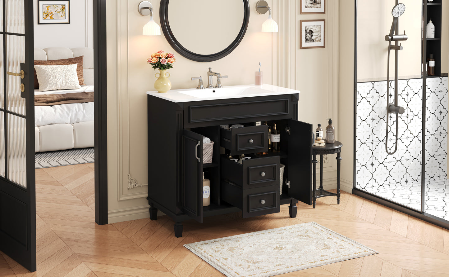 36-Inch Black Bathroom Vanity with Sink & Storage Cabinet