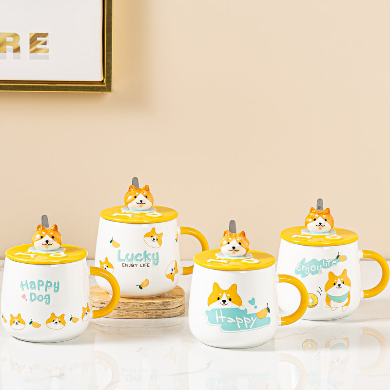 Cute Cartoon Ceramic Mug with Lid and Spoon - 4 Styles, 301-400ml