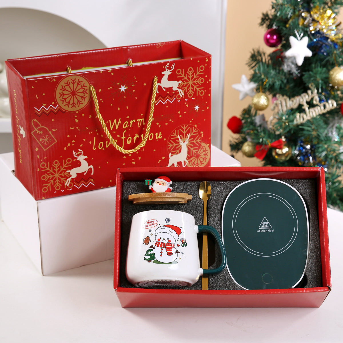 Christmas Gift Mug Set with USB Heating Coaster - Holiday Ceramic Cup