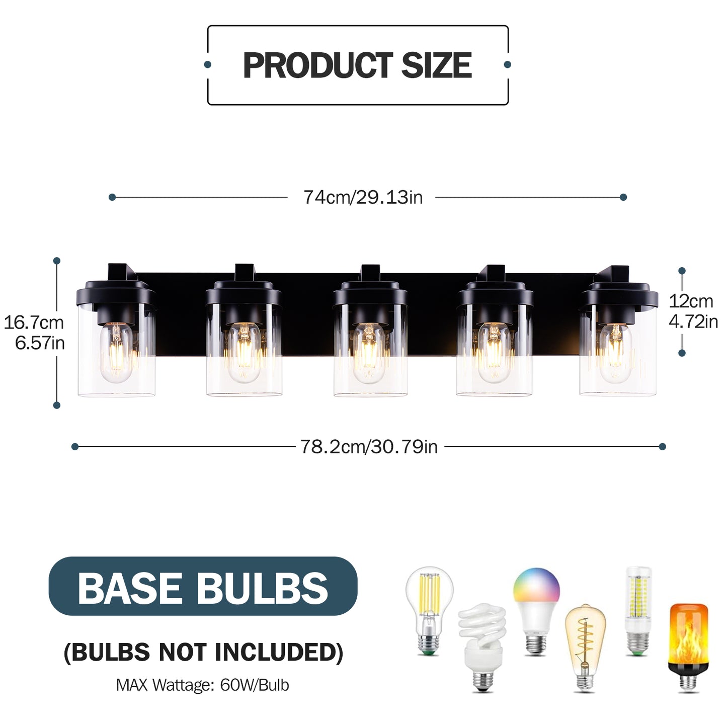 5-Light Matte Black Bathroom Vanity Light Fixture with Clear Glass Shades, Over Mirror Wall Sconce, No Bulbs Included