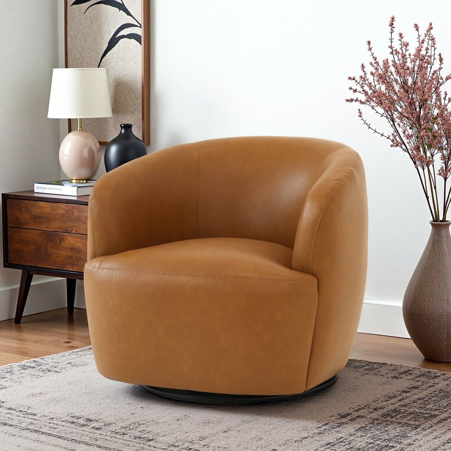 Mina 32 W Tan Vegan Leather Upholstered Swivel Barrel Chair