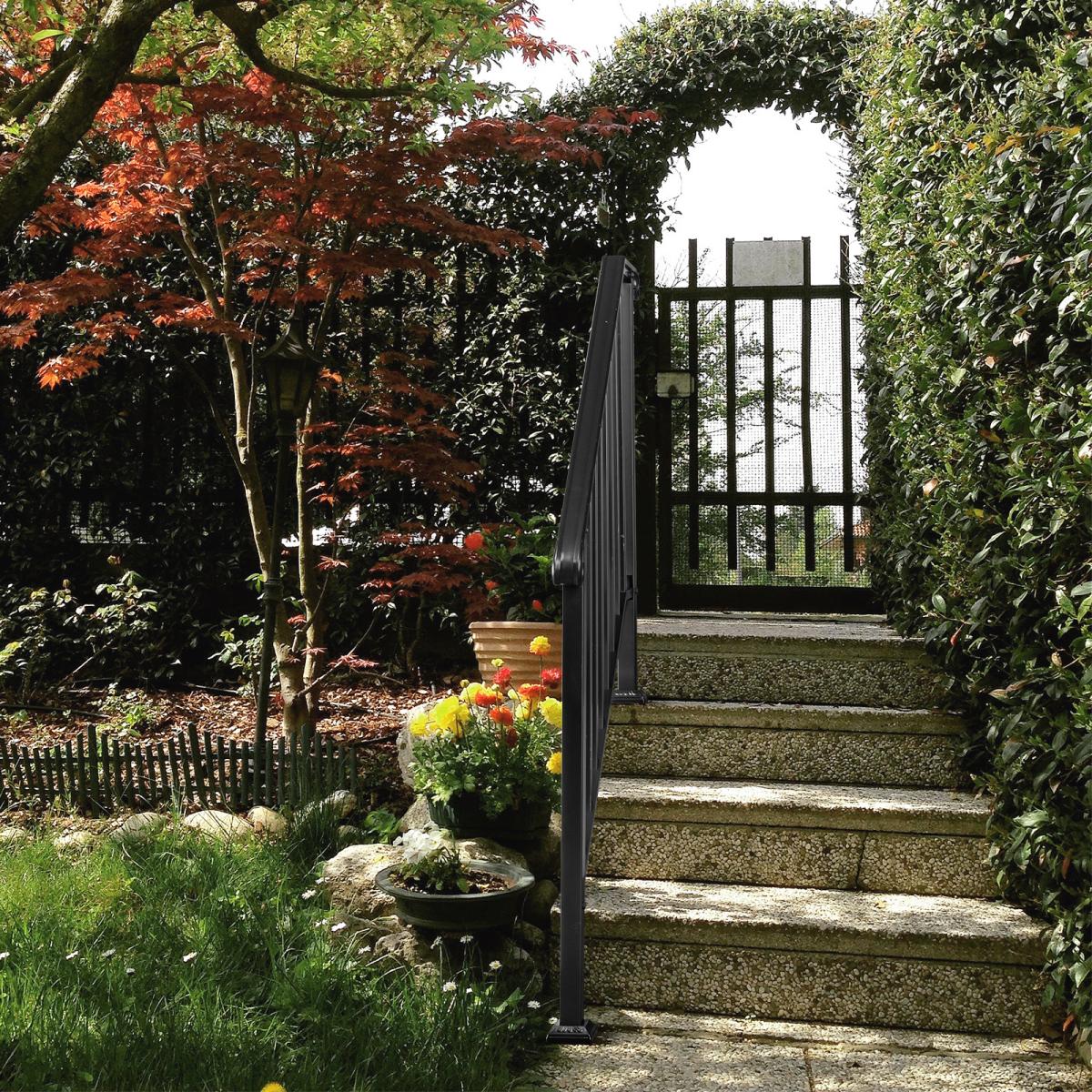 Black Wrought Iron Outdoor Stair Handrail for 3 or 4 Steps - Garden & Patio Railing with Installation Kit