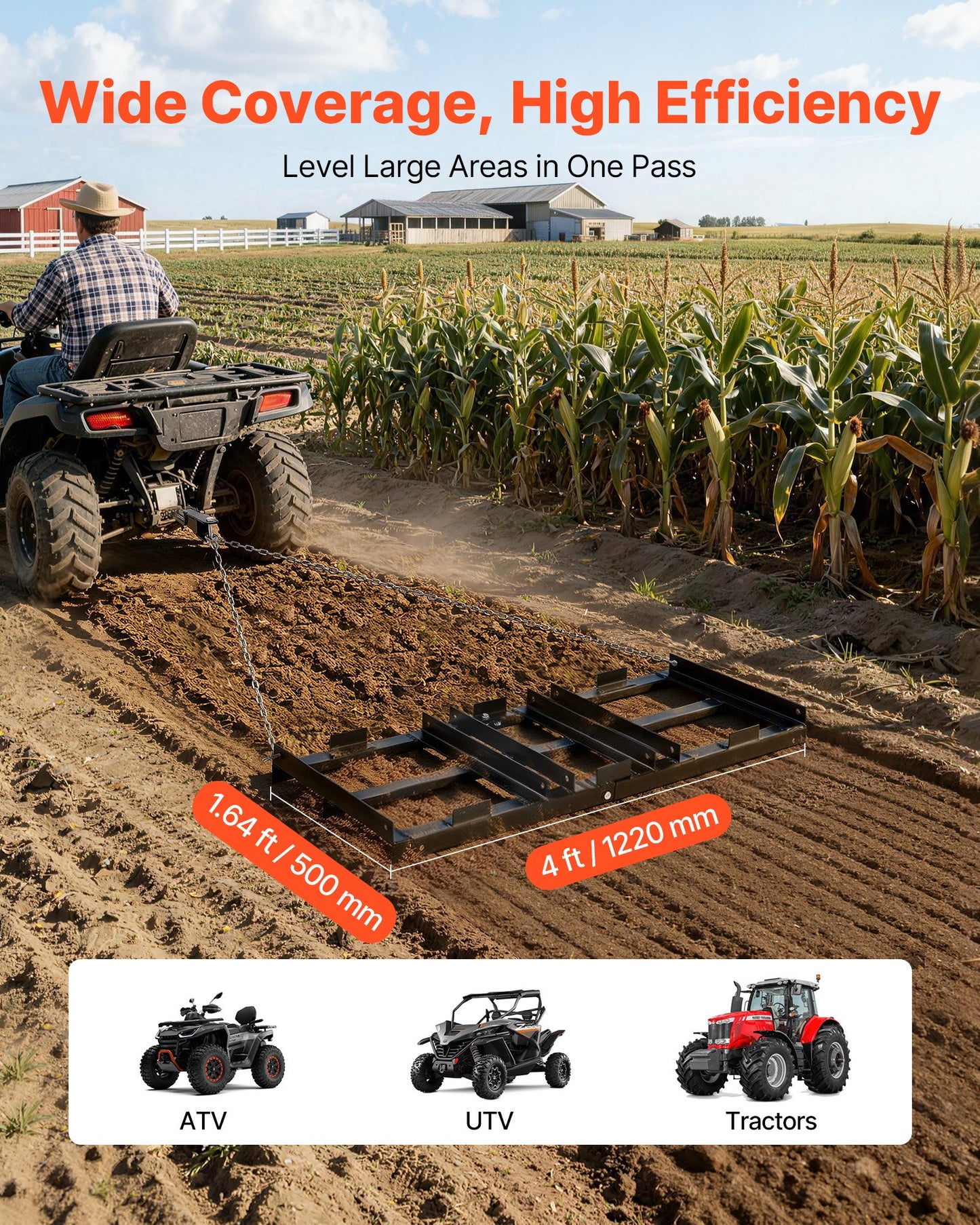 Heavy Duty Tow-Behind Drag Harrow 48x20in for Driveways Lawns Tractors ATV UTV