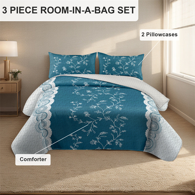 Teal Floral Quilt Set - 3-Piece Bedding with Pillow Shams