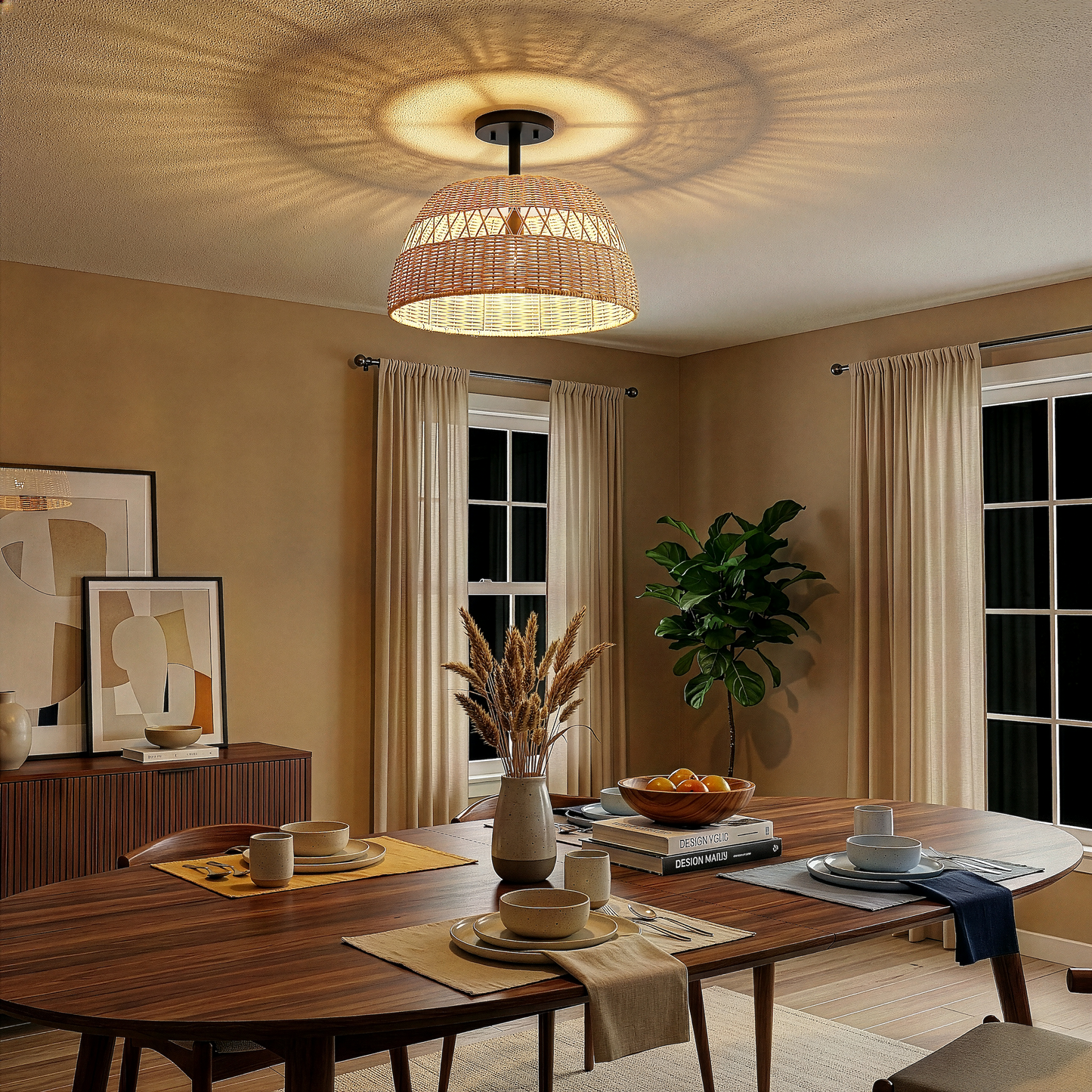 Twinkle Double Lights Semi Flush With Rattan Shade Black Metal Finish