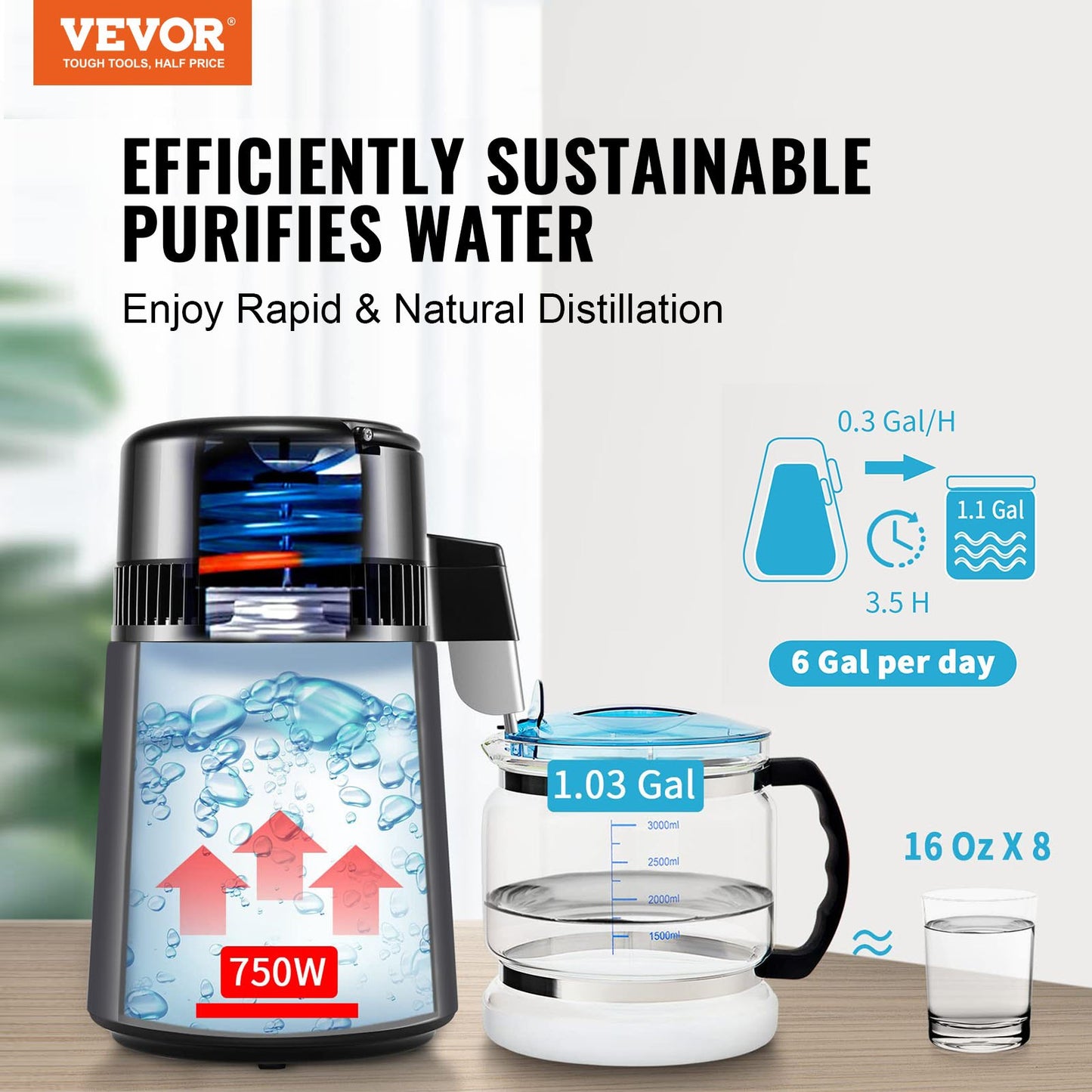 4L Water Distiller - Home Countertop Pure Water Maker with Stainless Steel Interior