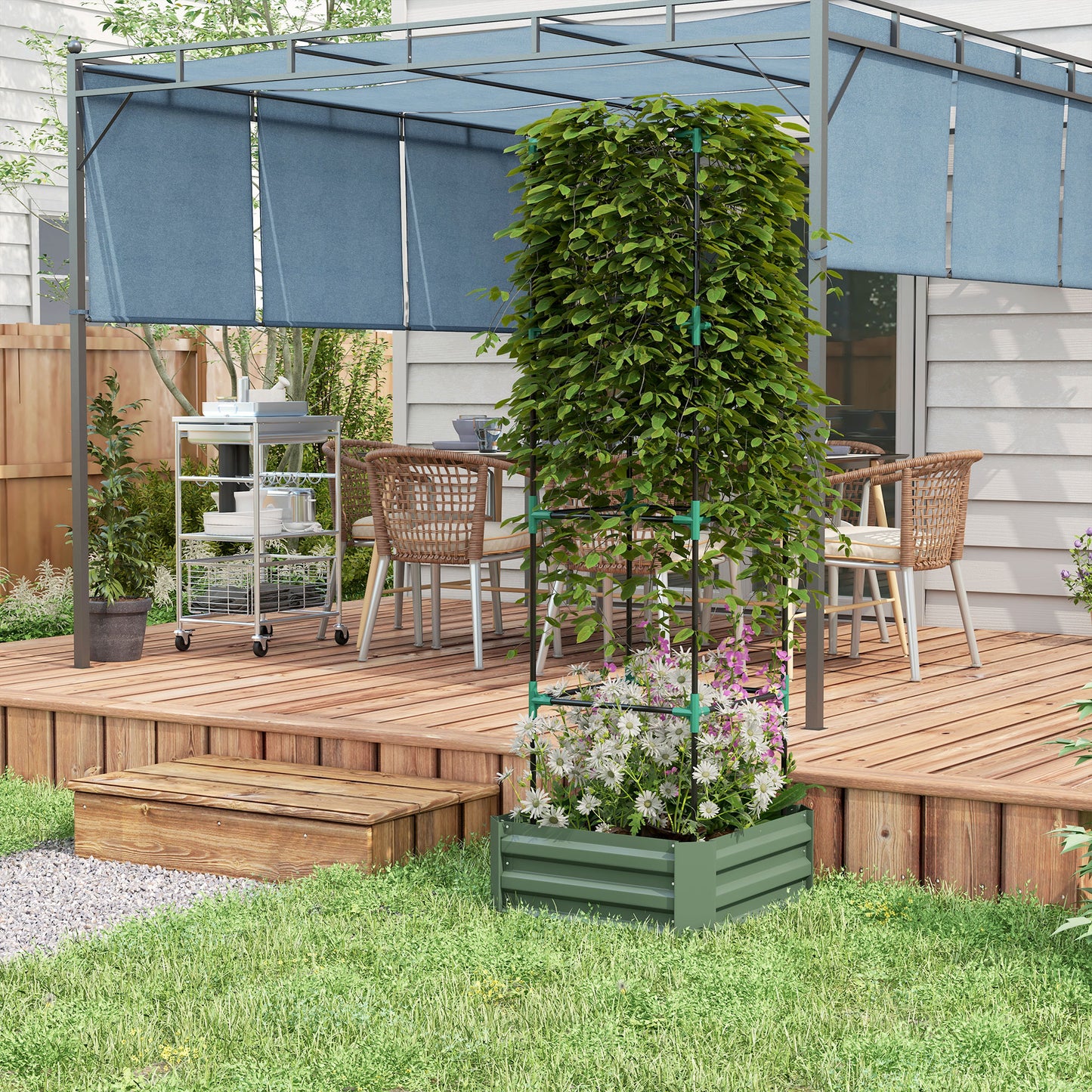 Galvanized Raised Garden Bed with Tomato Cage - 24x24x73.5 Inches, Green