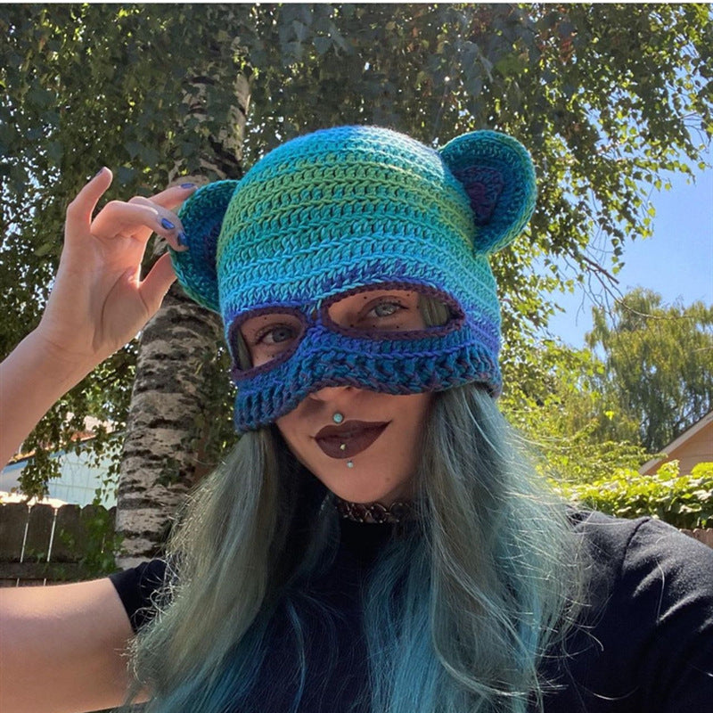 Knitted Rabbit Ear Mask Hat - Funny One-Eye Exposed Horn Thermal & Windproof