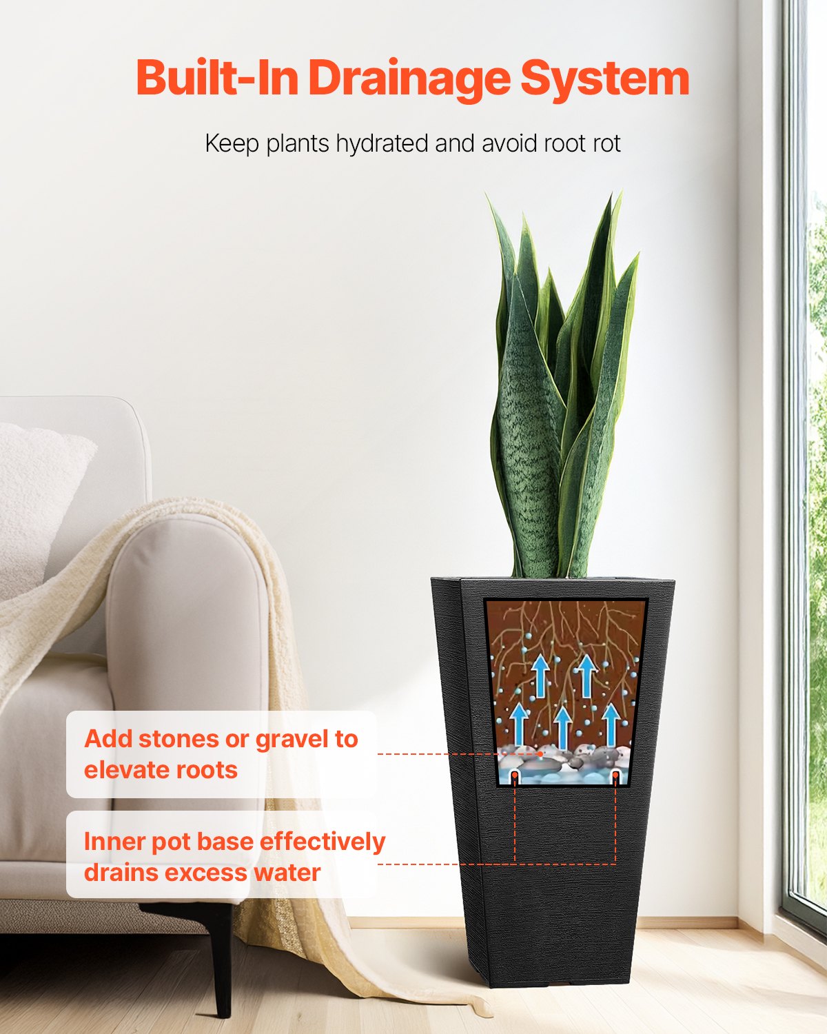 Tall Outdoor Plant Pot Set of 2 - 22 Inch Black Garden Planters with Drainage