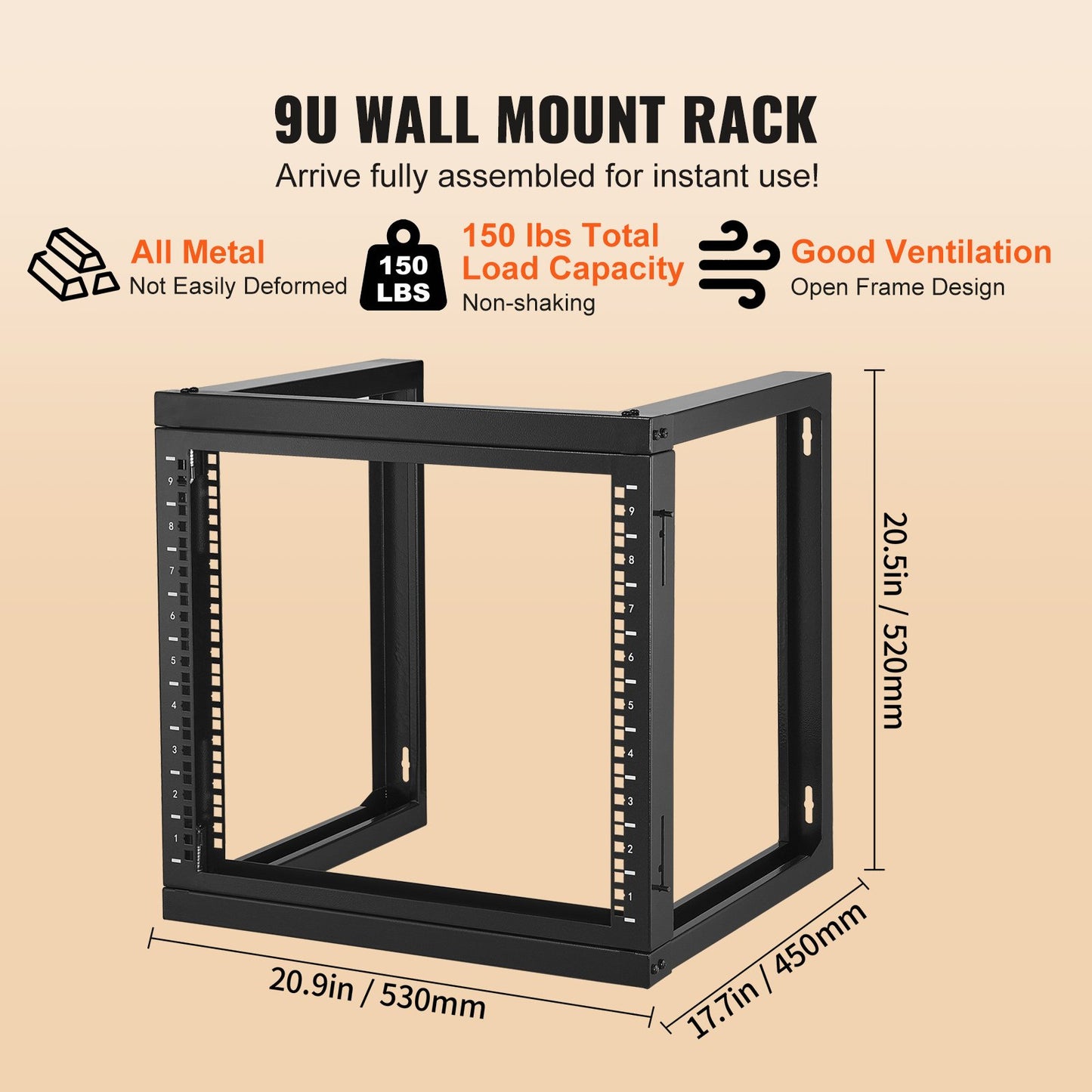 9U Wall Mount Server Rack Open Frame Steel Black 150 Lbs Capacity