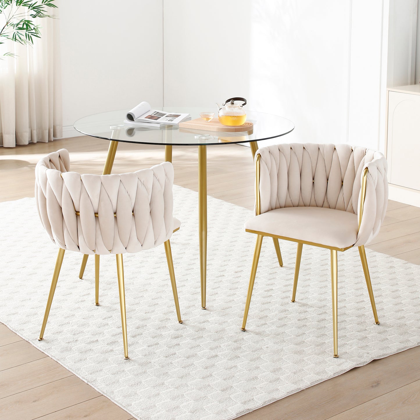Set of 2 Modern Velvet Dining Chairs - Beige with Gold Legs