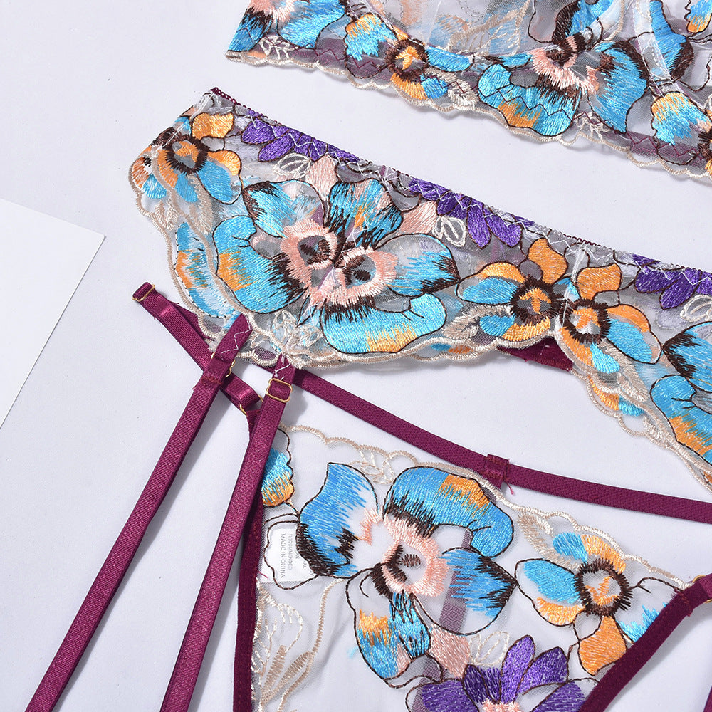 Gather Perspective Embroidery 5-Piece Lingerie Set for Women - Purple & Apricot