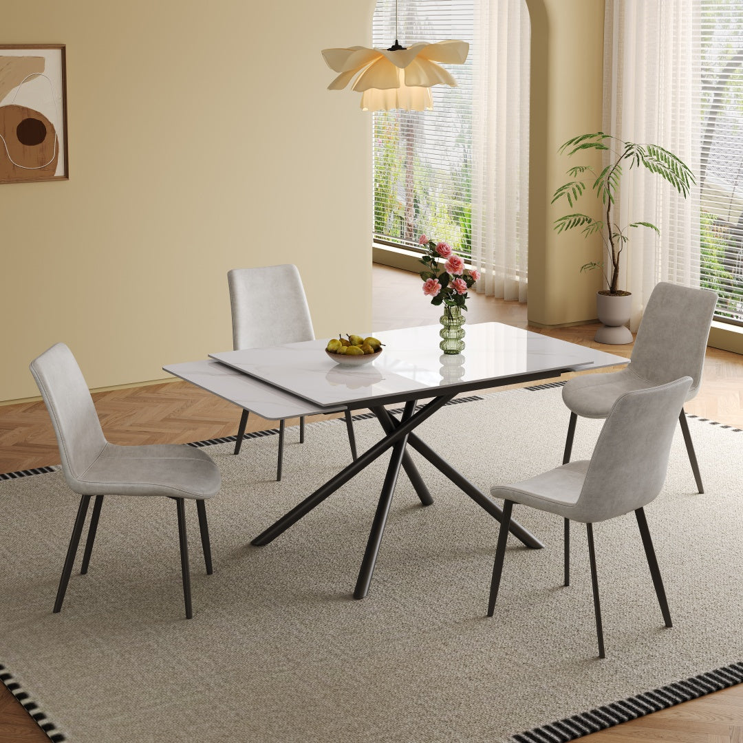 Retractable Dining Table - Modern Rectangular Sintered Stone, 71 Inch, White