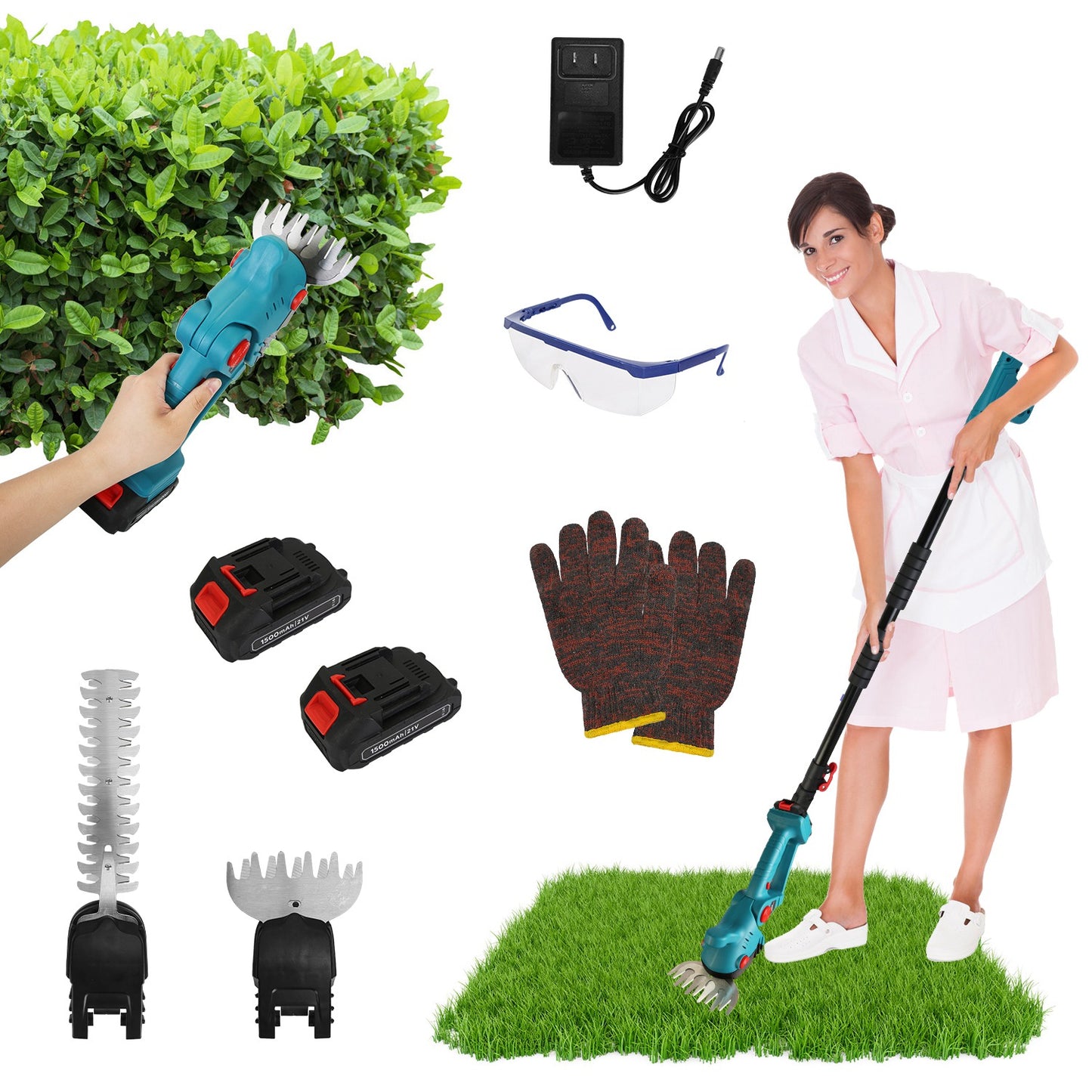 Cordless Multi-Function Hedge Trimmer with Telescopic Pole & Batteries - Blue