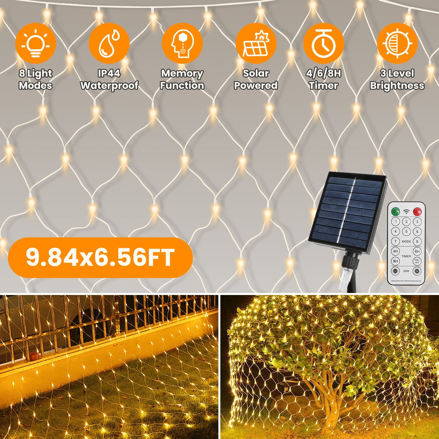 Solar Christmas Net Lights - 9.84x6.56ft, 192 LED, Dimmable