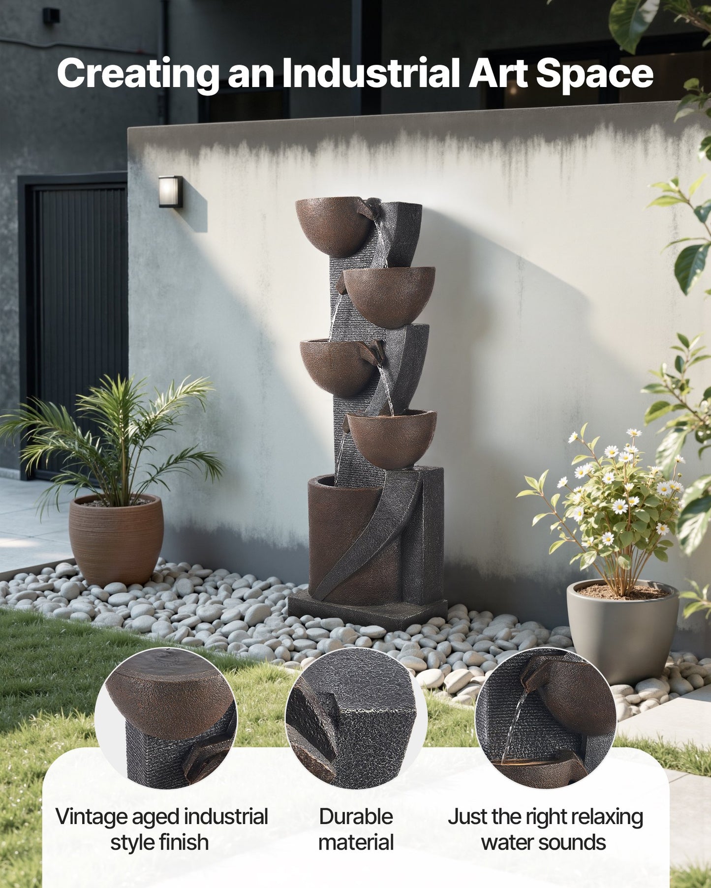 Outdoor 5-Tier Jar Water Fountain for Garden & Patio - Cascading Design, Brown
