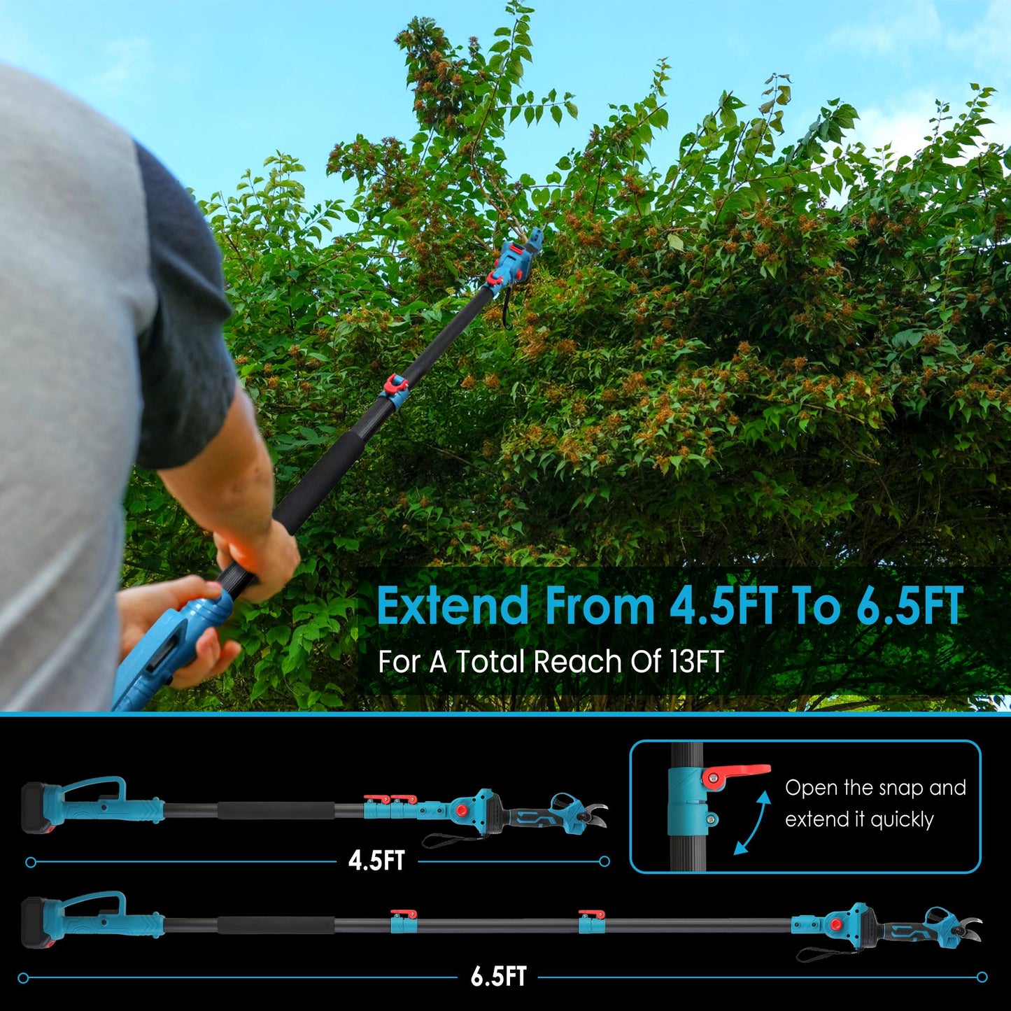 Cordless Electric Pruning Shear with Extension Pole 21V 4.0Ah Battery 13ft Reach