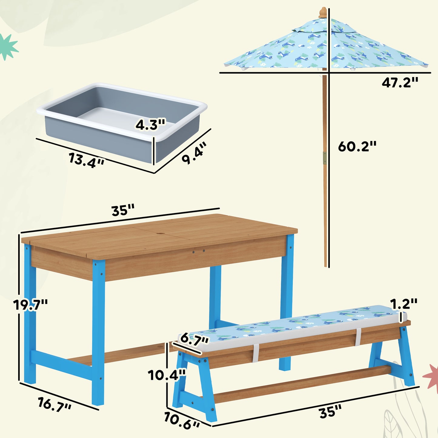 Kids Picnic Table Set with Foldable Umbrella & Cushions - Dinosaur Theme, Blue