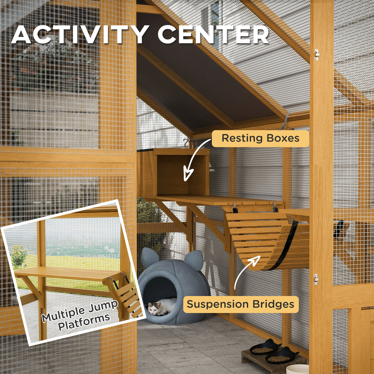 Large Wooden Outdoor Cat Enclosure with Waterproof Cover & 2 Condos