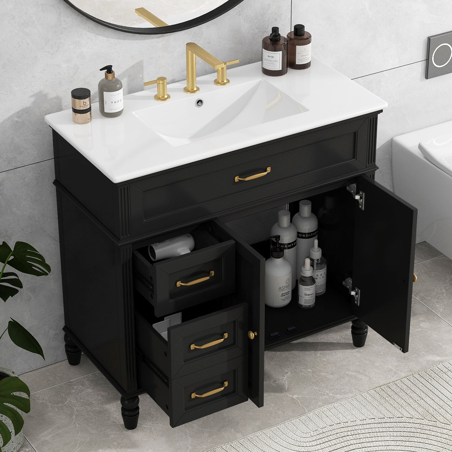 36-Inch Bathroom Vanity with Sink & Drawers - Black