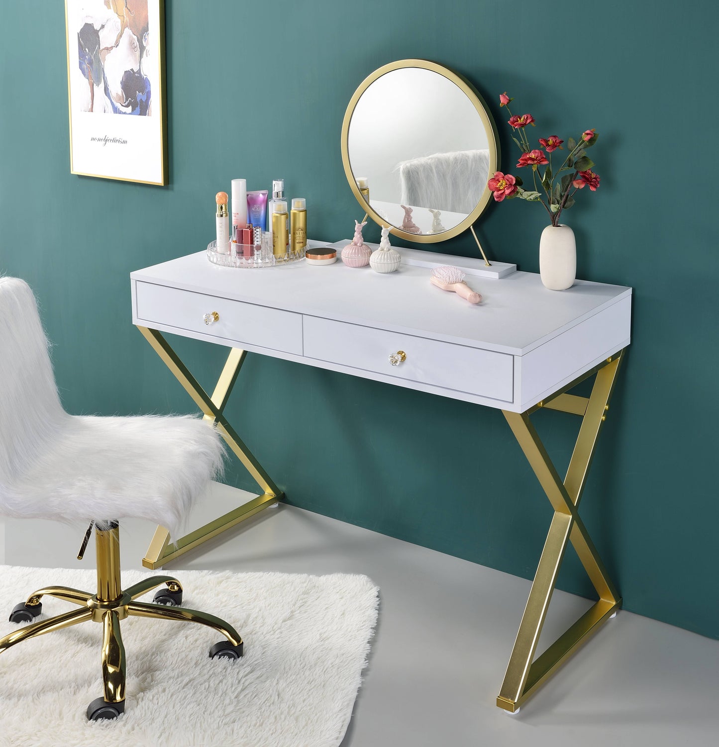 Gloss White & Gold Vanity Desk with Mirror & Jewelry Tray