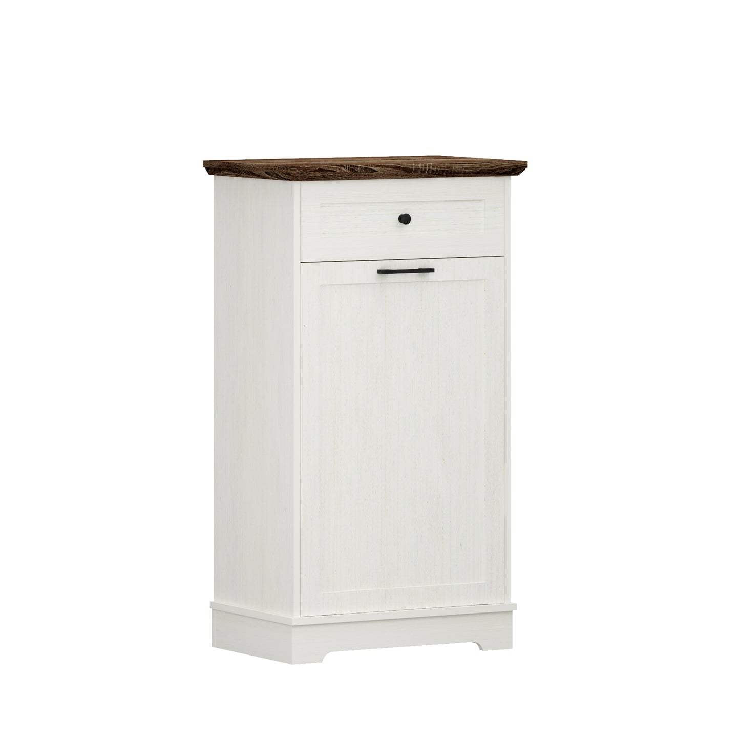 Tilt-Out Trash Cabinet - Freestanding Wood Recycling Bin with Drawer, Antique Brown & White