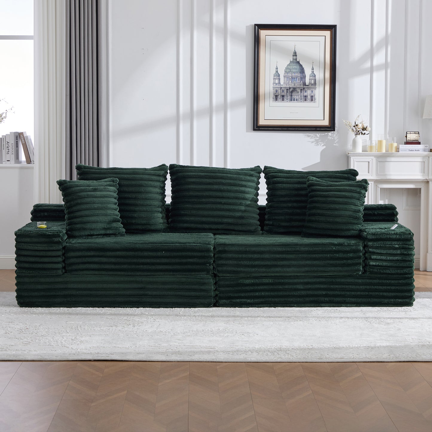 Oversized Corduroy Sofa Bed with Cup Holder & Pillows - Emerald