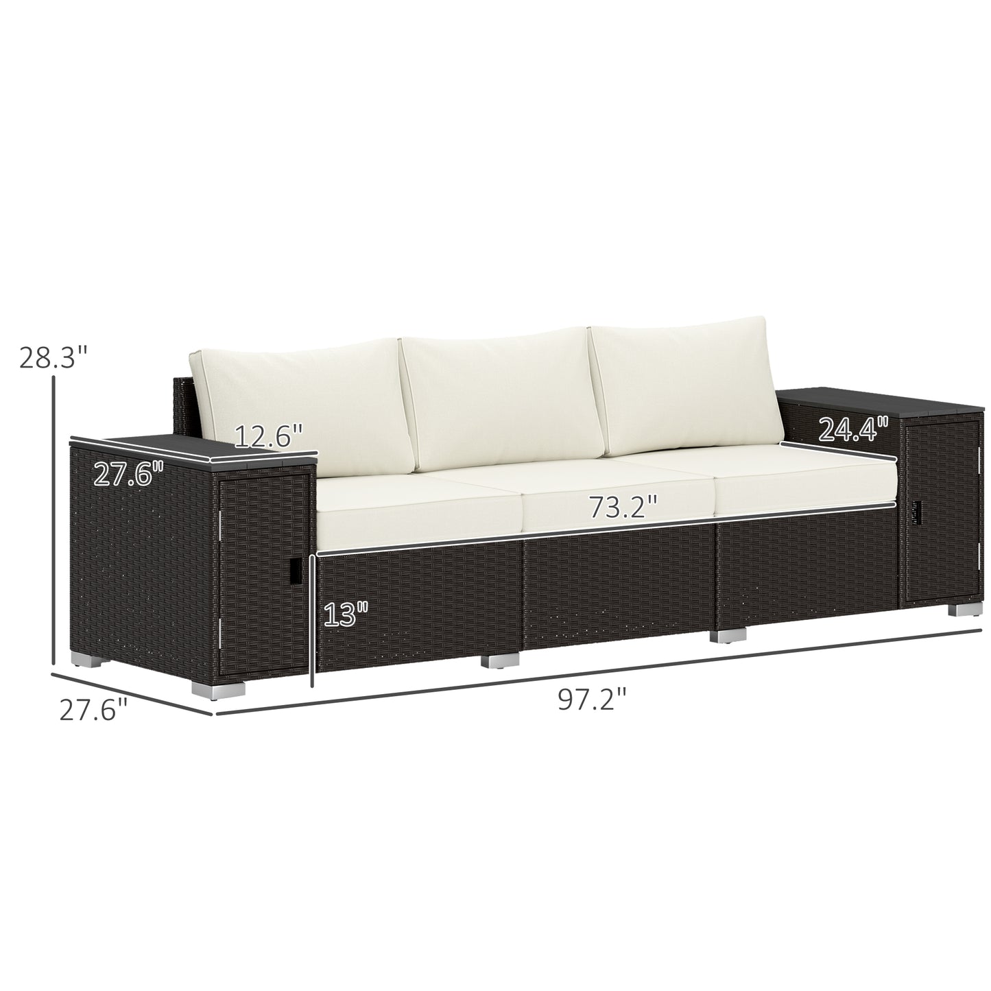 Outdoor 3-Seater Wicker Patio Sofa with Storage & Cushions - Cream White