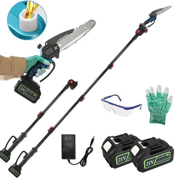 Cordless Electric Pole Saw & Mini Chainsaw with Extension Poles - 21V 3.0Ah Batteries, Adjustable Length, Auto Oiler, Safety Switch