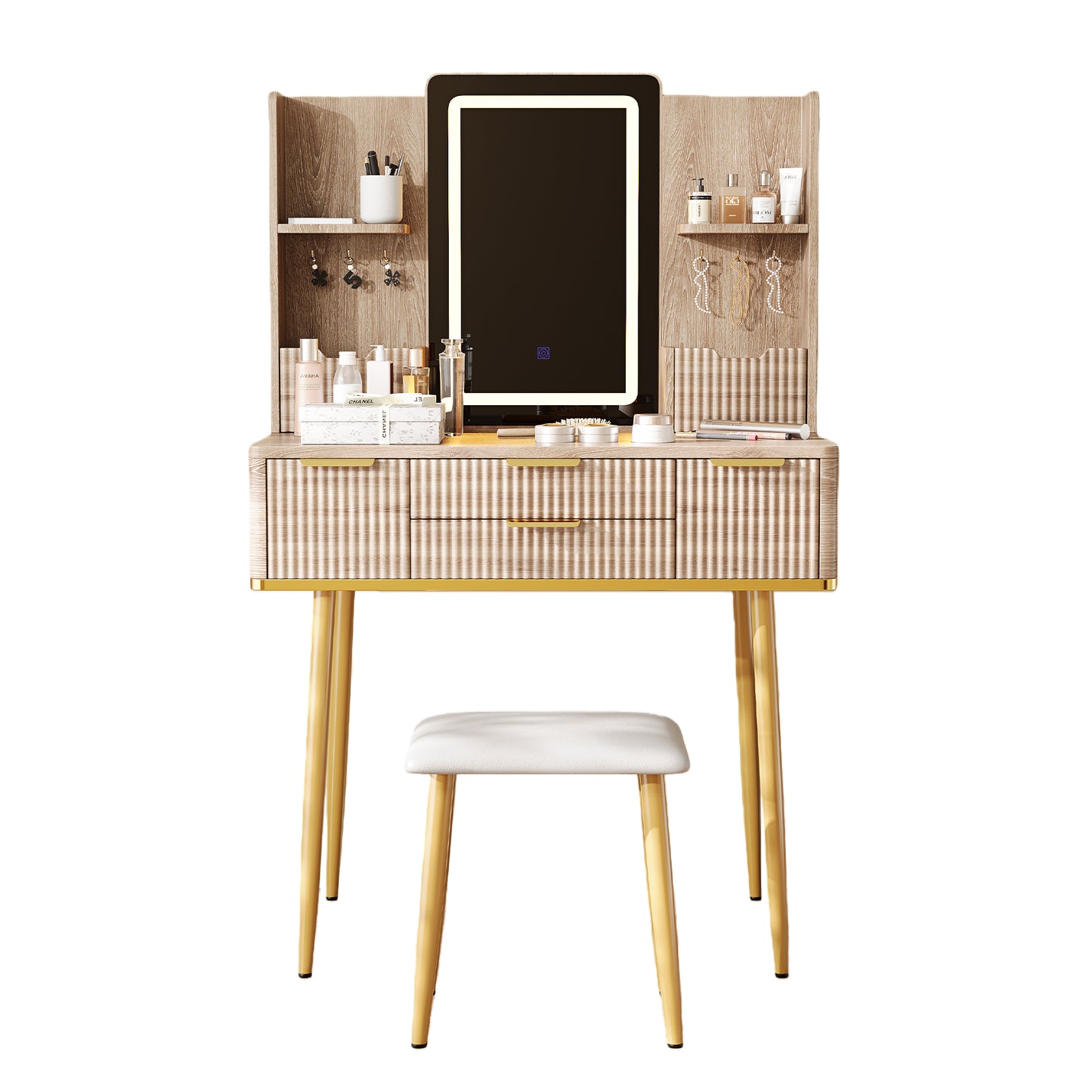 4-Drawer Vanity Desk With LED Mirror & Carved Details, Fluted Makeup