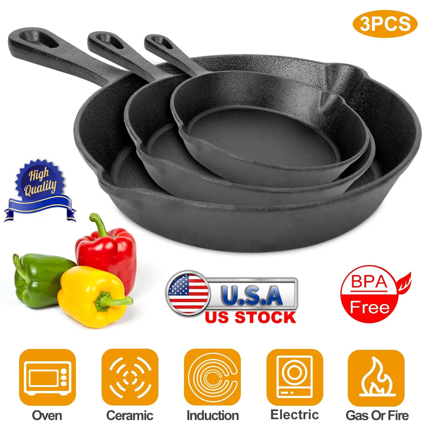 Cast Iron Skillet Set - 3 Pre-Seasoned Non-Stick Pans, 6-10 inch