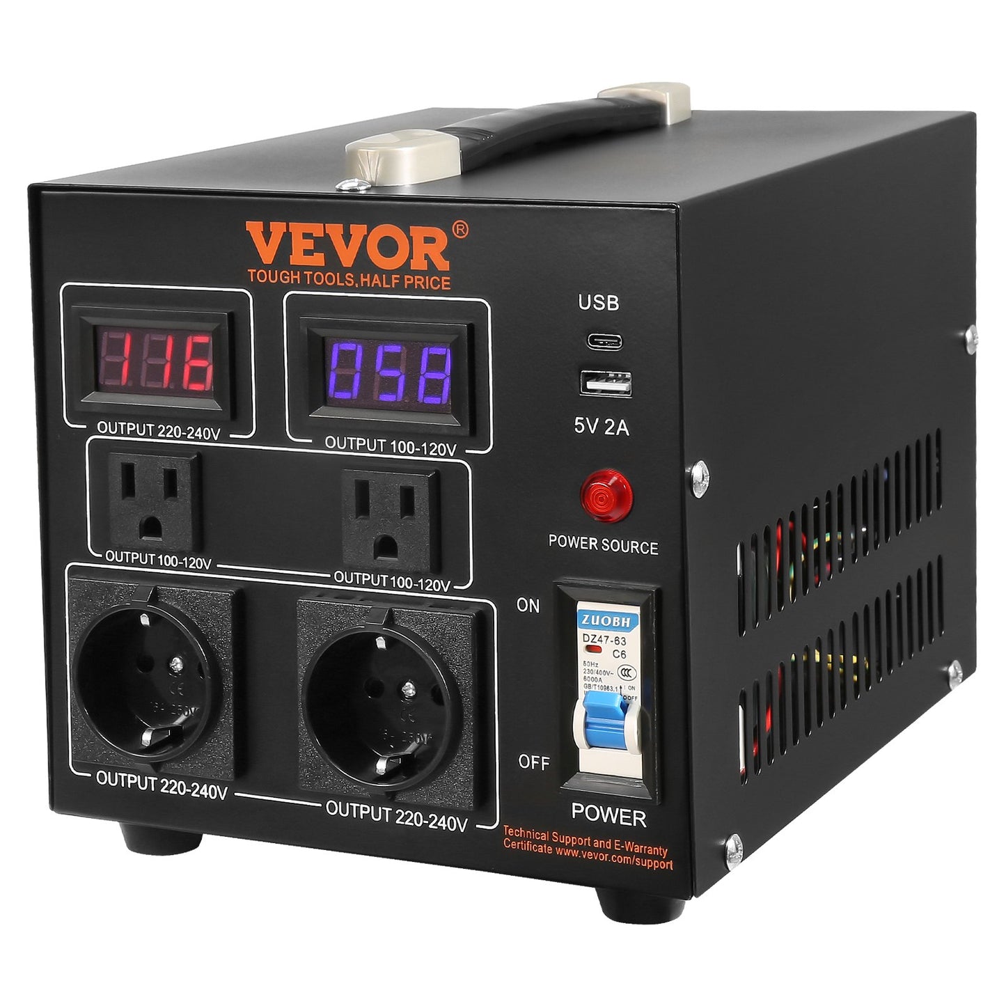 2000W Voltage Converter Transformer - Step Up/Down Power Supply with US & EU Outlets, USB Port