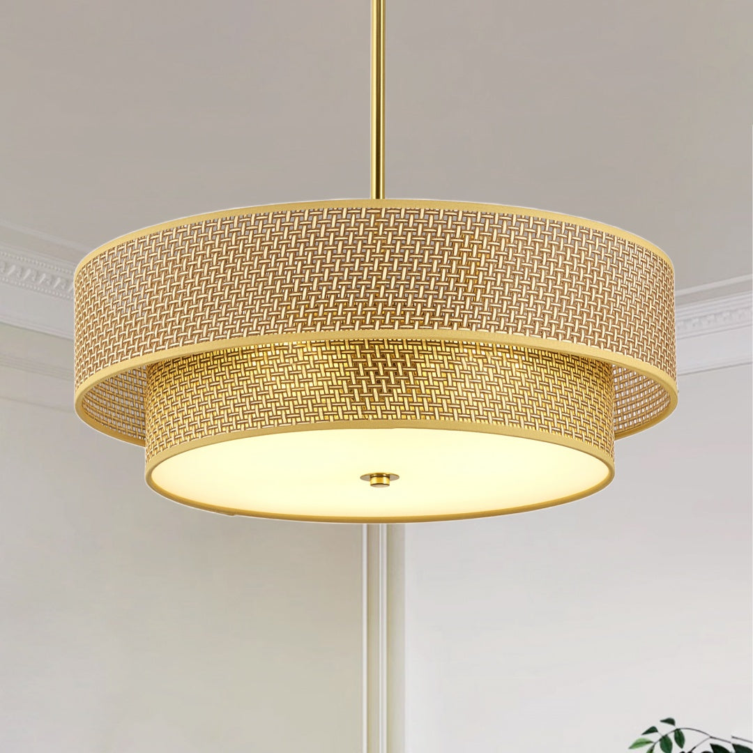 Woven Rattan & Linen Ceiling Light Fixture - Semi Flush Mount for Bedrooms & Kitchen
