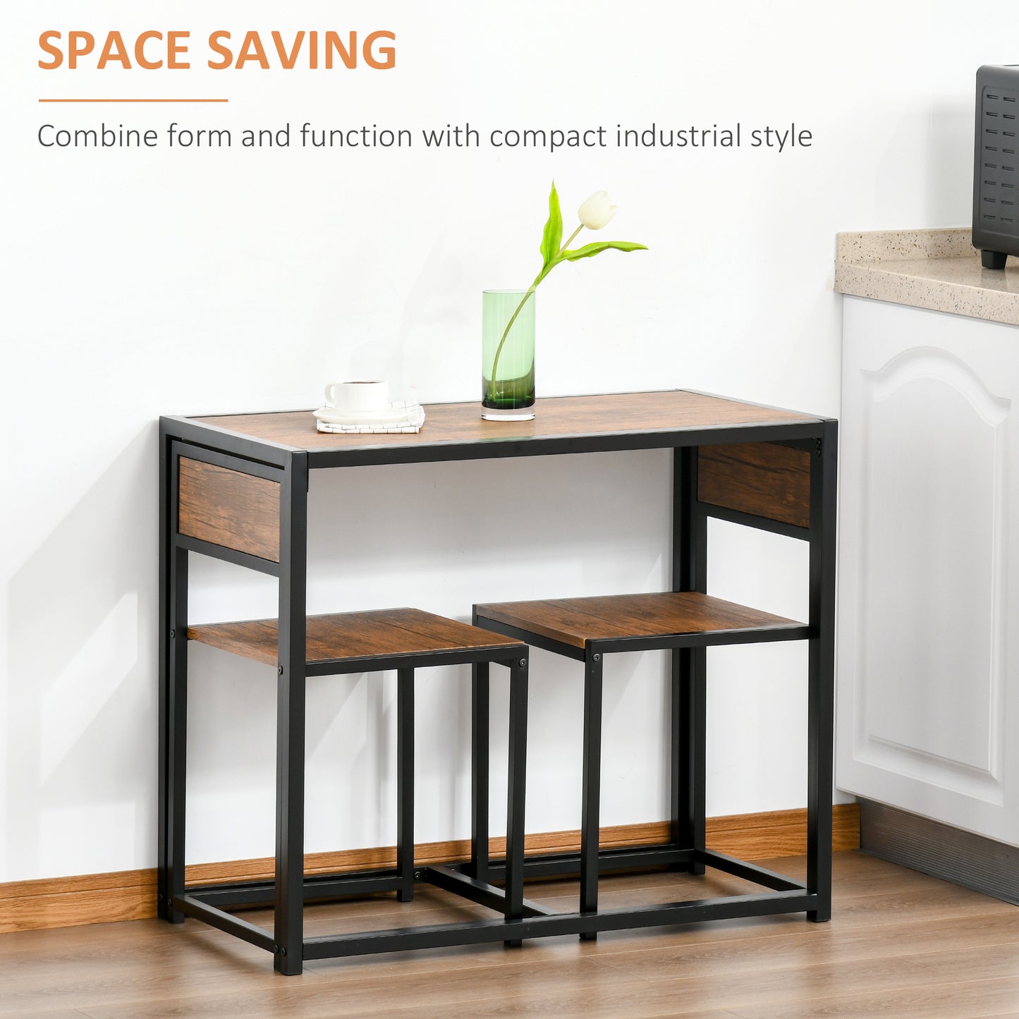 3-Piece Industrial Dining Set for 2 - Rustic Brown