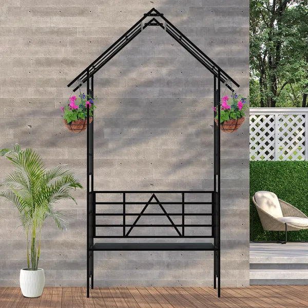 Metal Garden Arch with Bench - Climbing Plant Support, Black