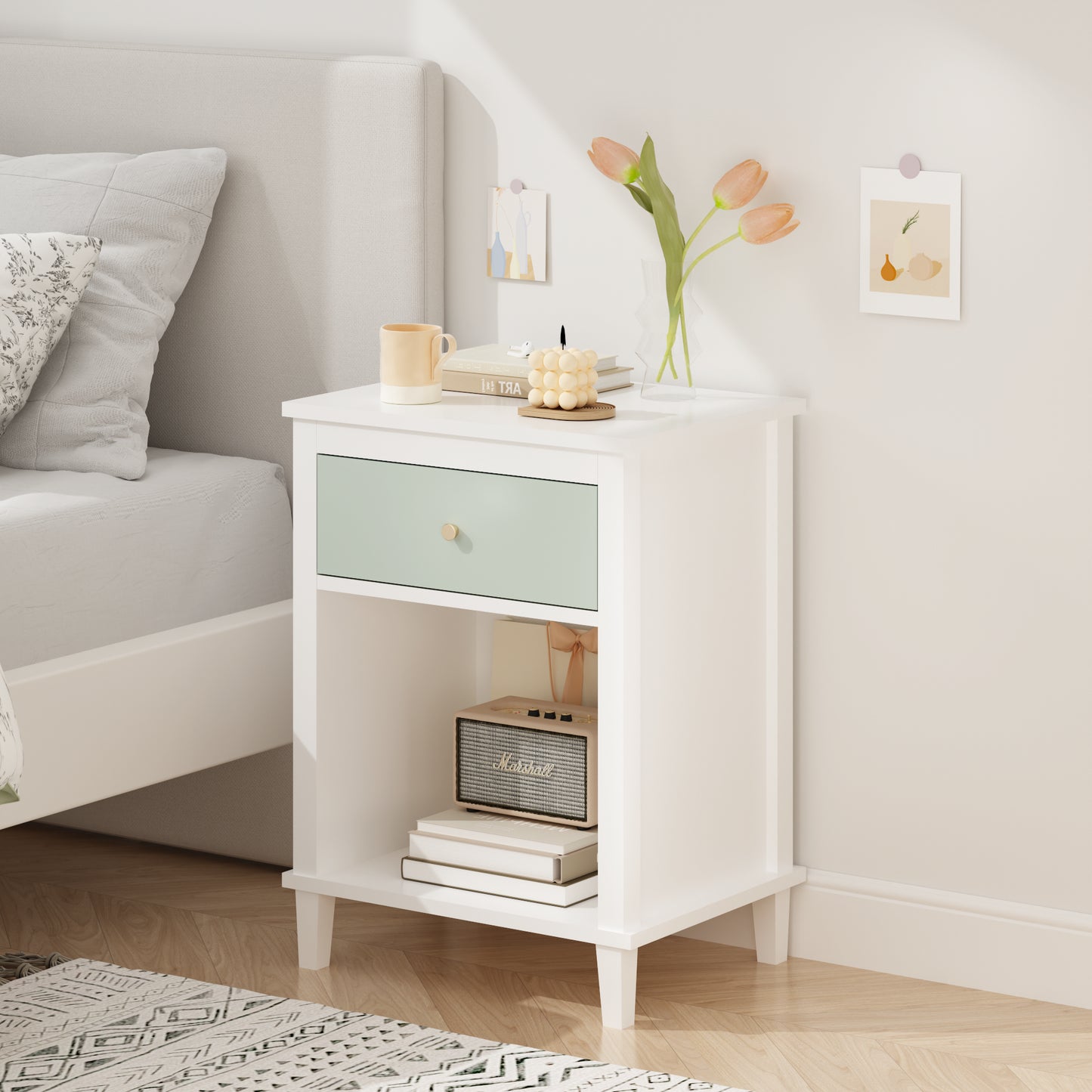 Wooden Nightstand with Drawer and Shelf - White & Green