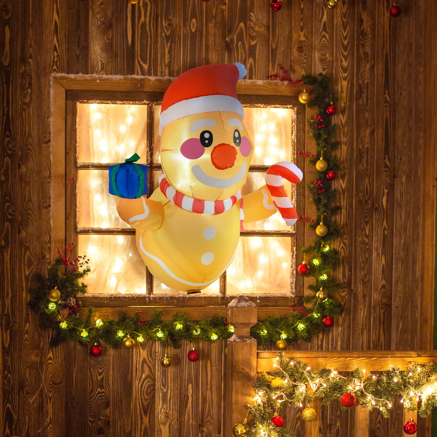 Inflatable Gingerbread Man with Gift Box & Candy Cane - LED Lights