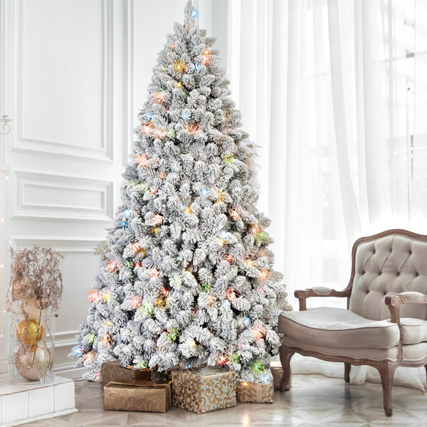 4ft Flocked Christmas Tree with Colorful LED Lights & Hinged Base