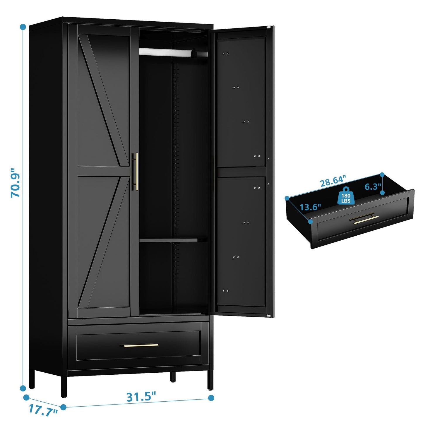 Metal Wardrobe Cabinet with Drawer - 71 Inch, Black