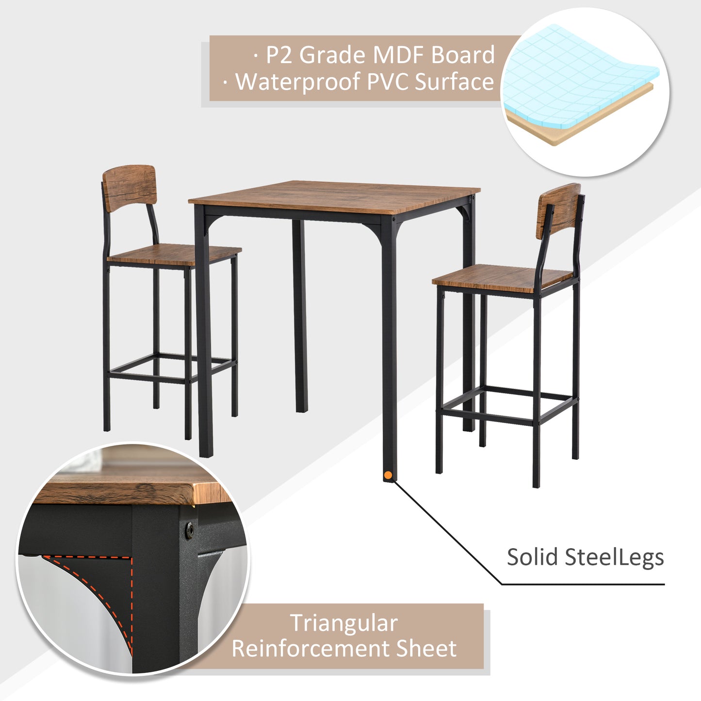 3-Piece Square Dining Table Set with 2 Stools - Walnut & Black