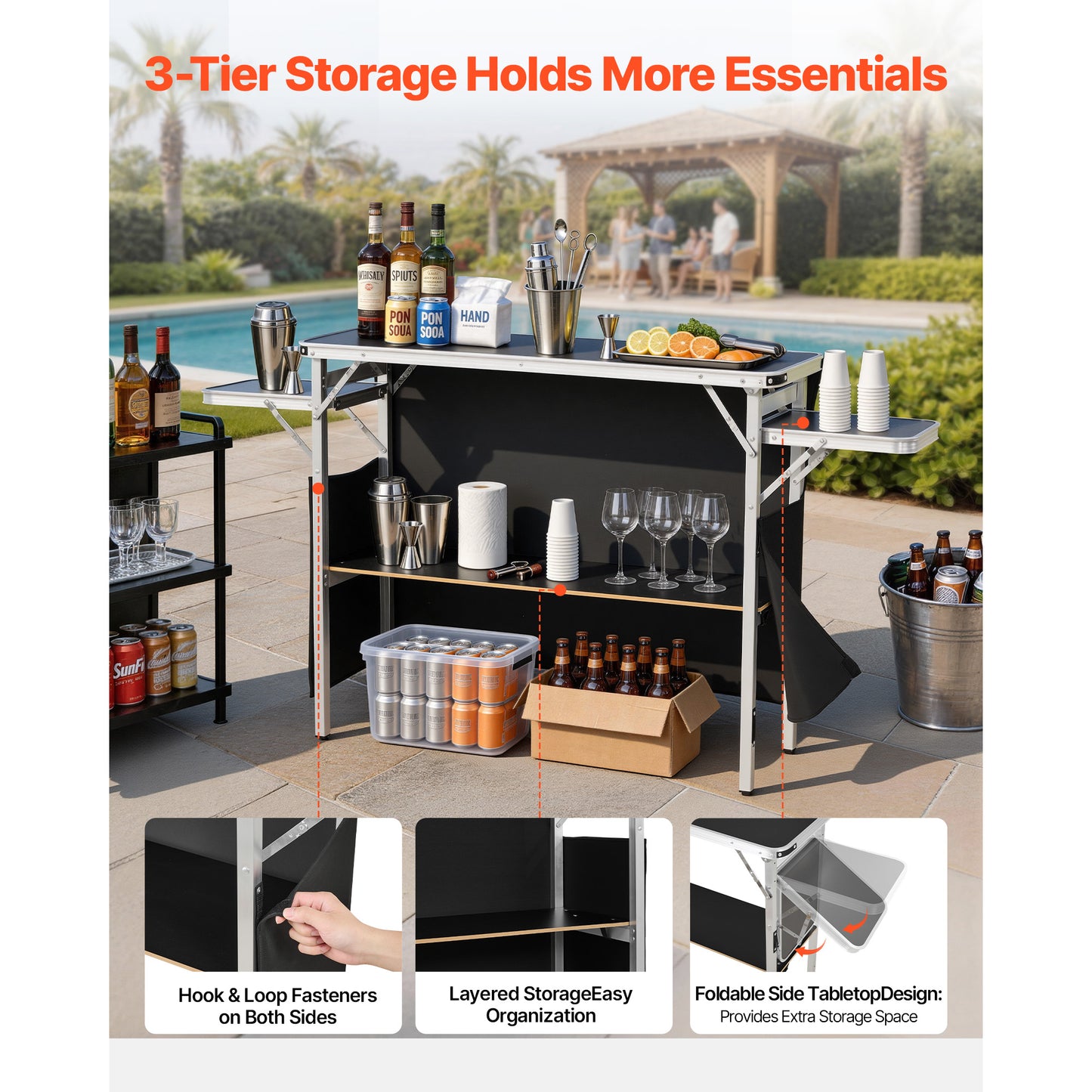 Folding Portable Bar Table 43.3x15.4x34.6 In with Carry Bag & Storage Shelf