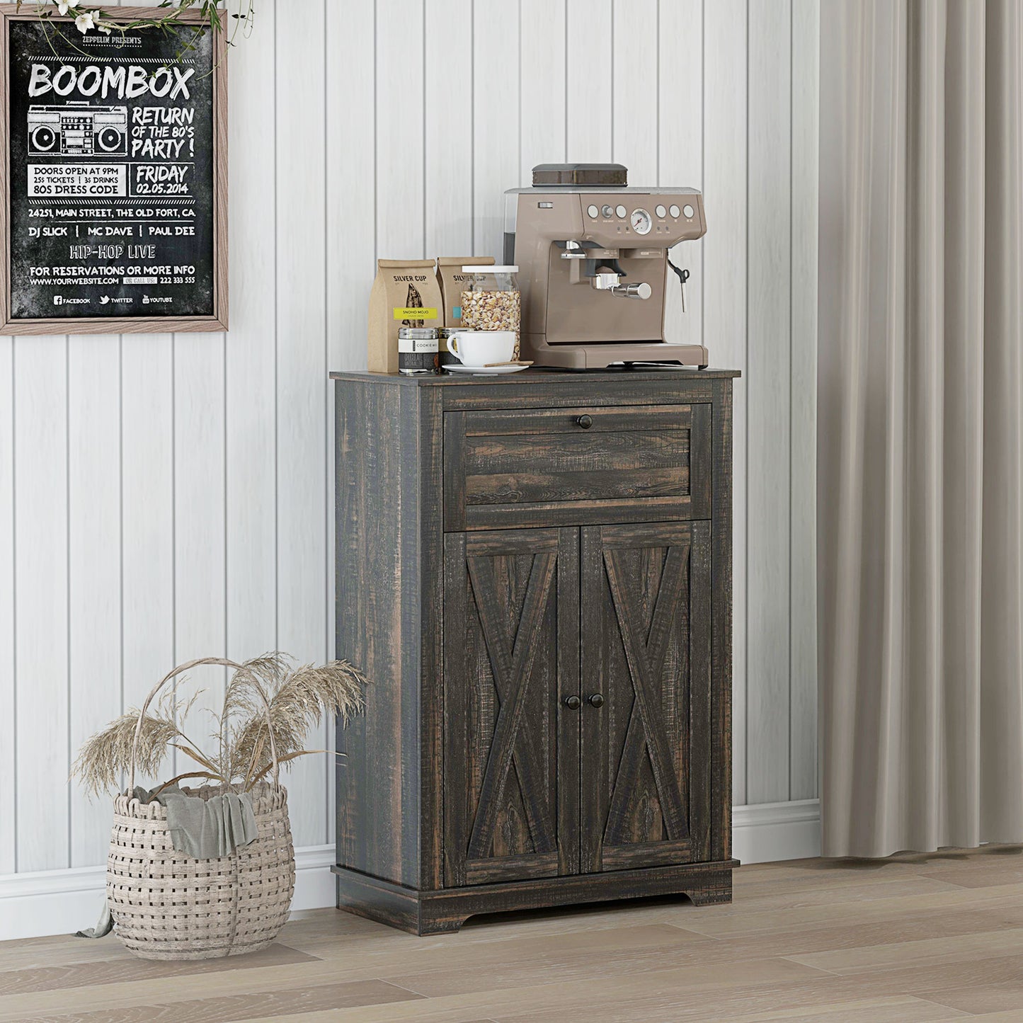 Farmhouse Storage Cabinet with Doors and Drawer - Dark Brown