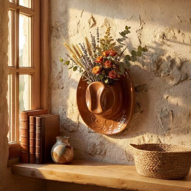 Ceramic Cowgirl Hat Hanging Vase - Home & Garden Decor, Wall Mounted