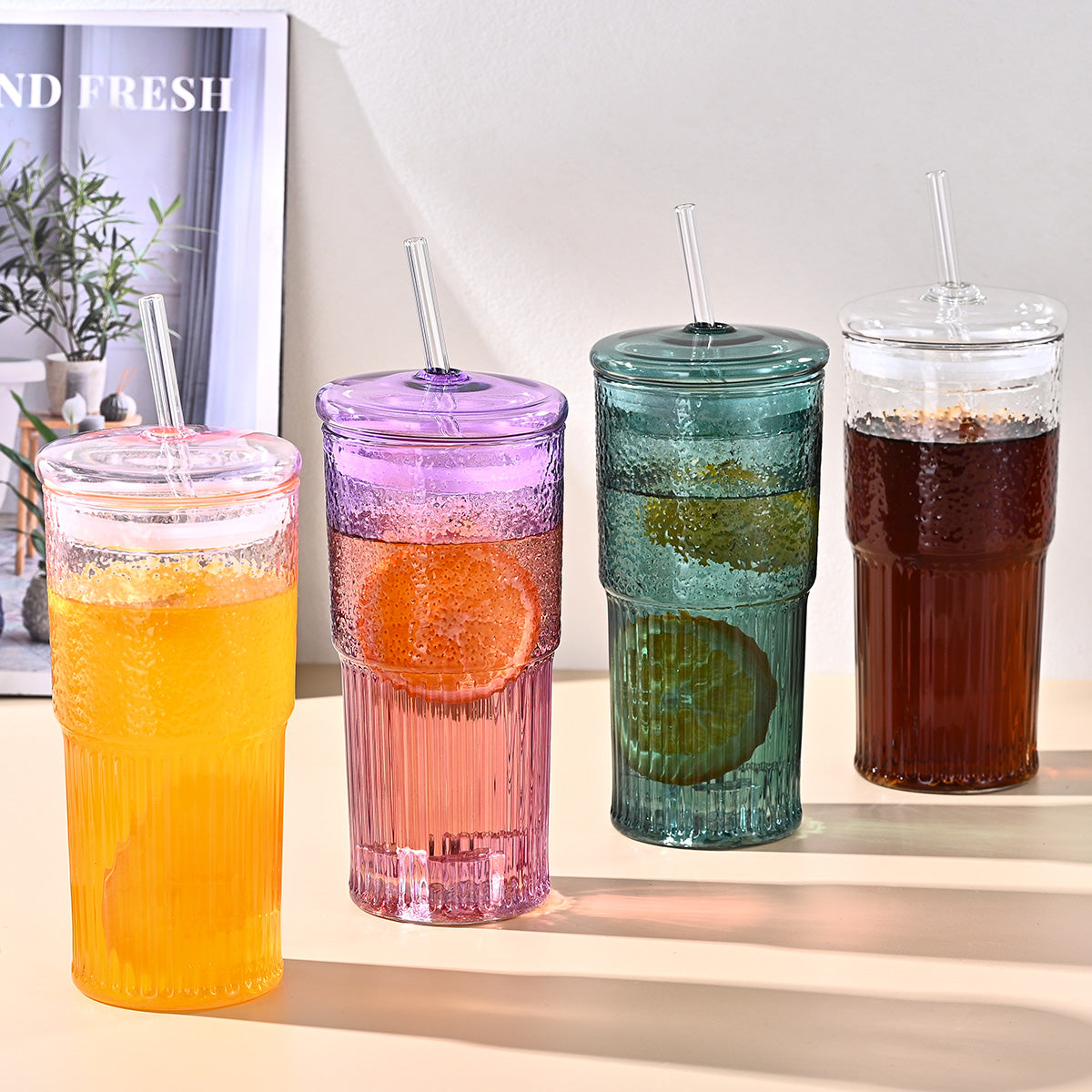 20 Oz Green Glass Straw Cups - Set of 2 with Lids