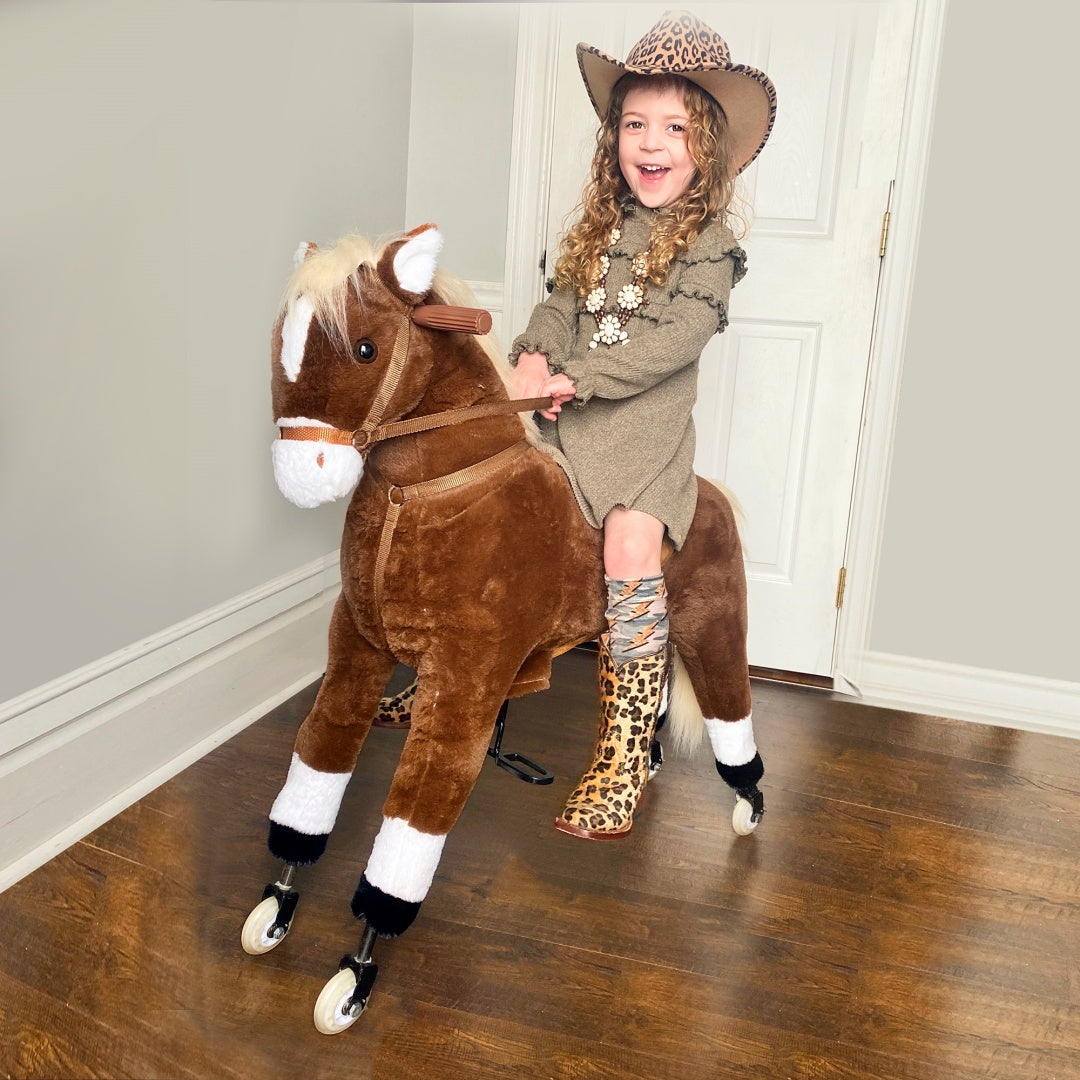 Kids Ride-On Walking Horse with Soft Plush Body - Brown