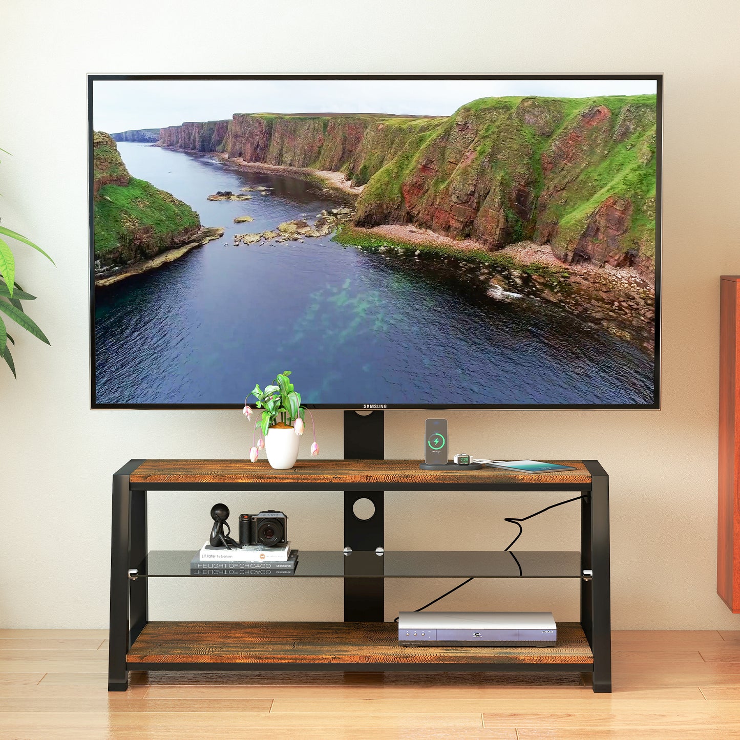 Height Adjustable Wooden TV Stand with Black Tempered Glass - Acacia Wood