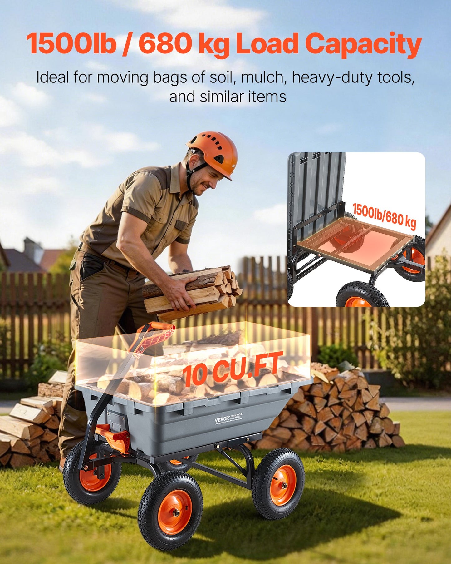 1500 Lb Poly Garden Dump Cart with Quick-Tilt Mechanism and Rotating Handle