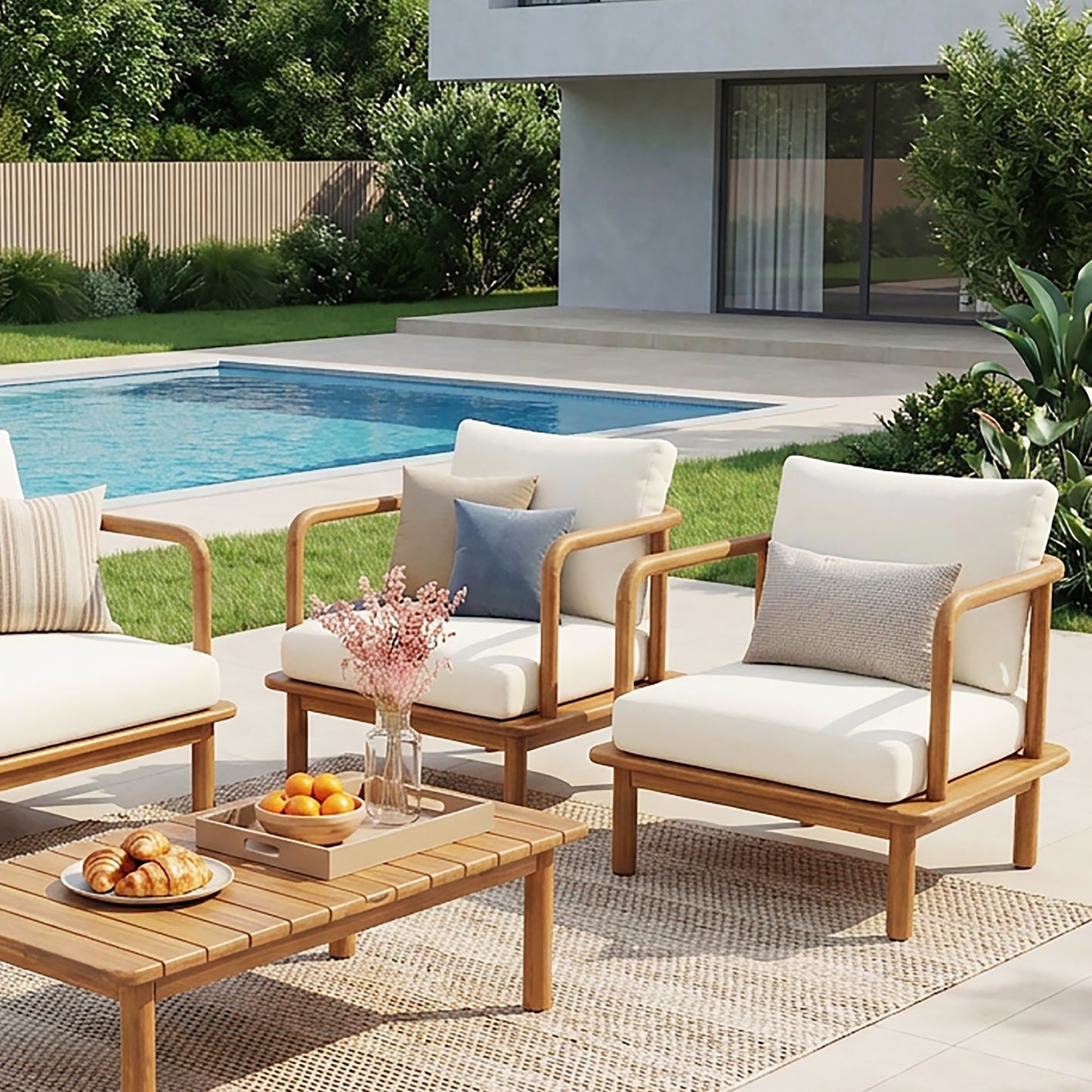 Acacia Wood Club Chairs with Cream Cushions - Set of 2